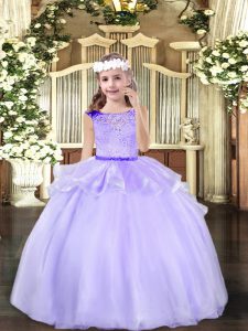 Sleeveless Organza Floor Length Zipper Little Girl Pageant Dress in Lavender with Beading