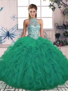 Halter Top Sleeveless Tulle Vestidos de Quinceanera Beading and Ruffles Lace Up