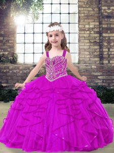 Straps Sleeveless Lace Up Kids Formal Wear Fuchsia Tulle