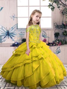Pretty Ball Gowns Child Pageant Dress Olive Green High-neck Organza Sleeveless Floor Length Side Zipper
