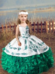 Organza Straps Sleeveless Lace Up Embroidery and Ruffles Kids Formal Wear in Dark Green