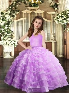 Hot Sale Floor Length Lavender Kids Pageant Dress Organza Sleeveless Ruffled Layers