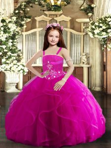 Fuchsia Tulle Lace Up Child Pageant Dress Sleeveless Floor Length Beading and Ruffles