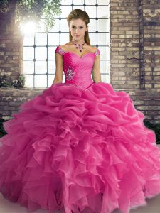 Edgy Rose Pink Ball Gowns Beading and Ruffles and Pick Ups 15 Quinceanera Dress Lace Up Organza Sleeveless Floor Length