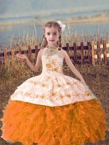 Wonderful Floor Length Orange Red Little Girl Pageant Gowns Halter Top Sleeveless Lace Up