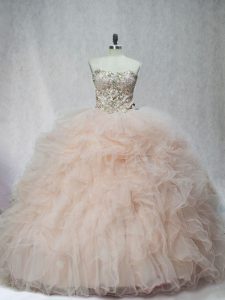 Hot Selling Champagne Sweet 16 Dresses Tulle Sleeveless Beading and Ruffles