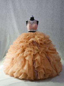 Delicate Champagne Quinceanera Gown Scoop Sleeveless Brush Train Zipper