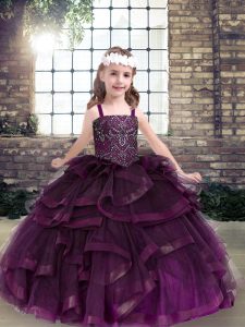 Best Eggplant Purple Lace Up Pageant Gowns For Girls Beading and Ruffles Sleeveless Floor Length