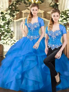 Super Blue Sweetheart Lace Up Beading and Ruffles Quinceanera Gown Sleeveless