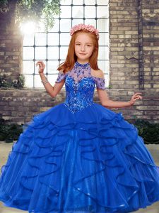 Custom Designed High-neck Sleeveless Tulle Little Girls Pageant Gowns Beading and Ruffles Lace Up