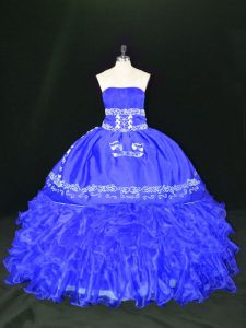 Perfect Blue Quinceanera Dresses Sweet 16 and Quinceanera with Embroidery and Ruffles Strapless Sleeveless Lace Up