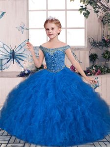 Stylish Blue Sleeveless Floor Length Beading and Ruffles Lace Up Kids Formal Wear