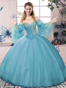 Beading and Ruching 15th Birthday Dress Blue Lace Up Long Sleeves