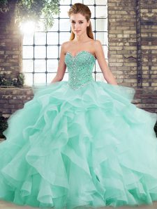 Top Selling Apple Green Quinceanera Gown Military Ball and Sweet 16 and Quinceanera with Beading and Ruffles Sweetheart Sleeveless Brush Train Lace Up