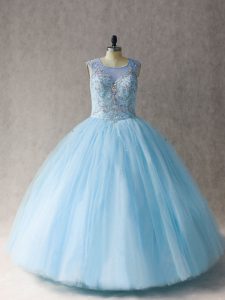 High End Scoop Sleeveless 15th Birthday Dress Floor Length Beading Light Blue Tulle