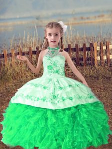 Popular Green Ball Gowns Halter Top Sleeveless Organza Floor Length Lace Up Beading and Embroidery and Ruffles Little Girls Pageant Dress Wholesale