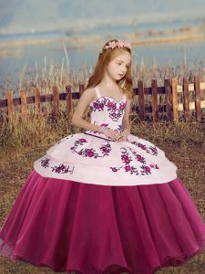 Fuchsia Ball Gowns Straps Sleeveless Embroidery and Bowknot Floor Length Lace Up Kids Pageant Dress