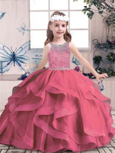 Pretty Tulle Scoop Sleeveless Lace Up Beading and Ruffles Little Girls Pageant Gowns in Red