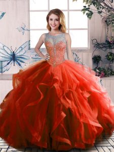Rust Red Tulle Lace Up Scoop Sleeveless Floor Length Vestidos de Quinceanera Beading and Ruffles