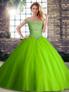 Fitting Ball Gowns Tulle Off The Shoulder Sleeveless Beading Lace Up Quinceanera Dresses Brush Train