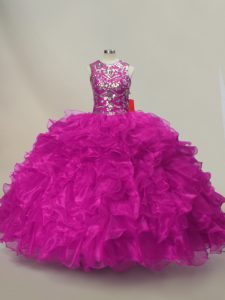 Beautiful Fuchsia Scoop Lace Up Ruffles and Sequins Ball Gown Prom Dress Sleeveless