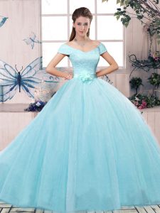 Floor Length Ball Gowns Short Sleeves Aqua Blue Quinceanera Dresses Lace Up