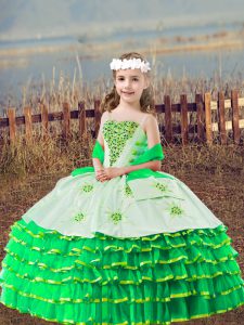 Trendy Sleeveless Organza Floor Length Lace Up Kids Pageant Dress in Green with Beading and Embroidery and Ruffled Layers