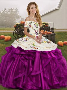 White And Purple Organza Lace Up Quinceanera Gowns Sleeveless Floor Length Embroidery and Ruffles
