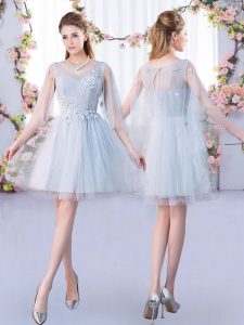 Grey A-line Tulle Scoop 3 4 Length Sleeve Lace Mini Length Lace Up Quinceanera Court of Honor Dress