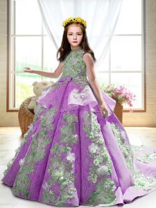 Lilac Sleeveless Appliques Backless Kids Pageant Dress