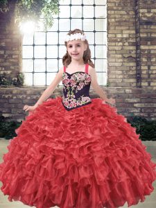 Floor Length Red Girls Pageant Dresses Organza Sleeveless Embroidery and Ruffles
