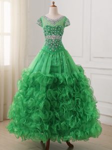 Organza V-neck Cap Sleeves Lace Up Beading and Ruffles Pageant Dress for Teens in Green