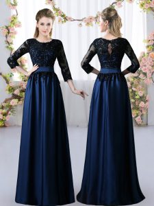 New Style Navy Blue 3 4 Length Sleeve Satin Zipper Damas Dress for Prom and Party and Wedding Party