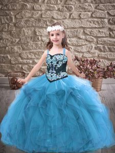 Sleeveless Floor Length Embroidery and Ruffles Lace Up Little Girls Pageant Gowns with Baby Blue