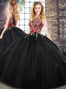 Black Sleeveless Embroidery Floor Length 15th Birthday Dress