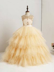 Gold Ball Gowns Beading and Ruffles Pageant Gowns For Girls Zipper Tulle Sleeveless Floor Length