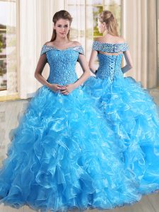 Admirable Baby Blue Lace Up Sweet 16 Dresses Beading and Lace and Ruffles Sleeveless Sweep Train
