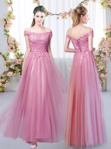Fantastic Sleeveless Floor Length Lace Lace Up Dama Dress for Quinceanera with Pink