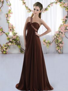 Suitable Brown Dama Dress for Quinceanera Prom and Party with Beading One Shoulder Sleeveless Brush Train Lace Up