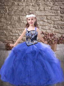 Tulle Sleeveless Floor Length Little Girls Pageant Dress and Embroidery and Ruffles