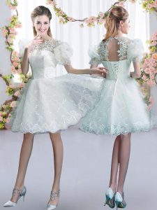 Discount White Quinceanera Dama Dress Prom and Party and Wedding Party with Lace Scoop Short Sleeves Lace Up
