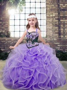 Charming Lavender Child Pageant Dress Party and Wedding Party with Embroidery and Ruffles Straps Sleeveless Lace Up