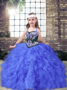 Blue Tulle Lace Up Straps Sleeveless Floor Length Custom Made Pageant Dress Embroidery and Ruffles