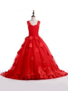 Red Lace Up Straps Appliques Little Girls Pageant Dress Tulle Sleeveless Brush Train
