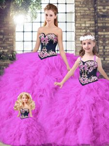 Luxury Sleeveless Tulle Floor Length Lace Up Sweet 16 Quinceanera Dress in Fuchsia with Beading and Embroidery