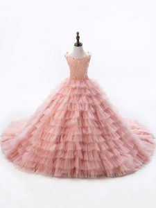 Lace Up Little Girls Pageant Dress Pink for Wedding Party with Beading and Ruffled Layers Court Train