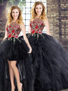 Floor Length Zipper Sweet 16 Dresses Black for Military Ball and Sweet 16 and Quinceanera with Embroidery and Ruffles