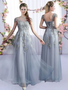 Excellent Grey Cap Sleeves Floor Length Lace Lace Up Quinceanera Dama Dress
