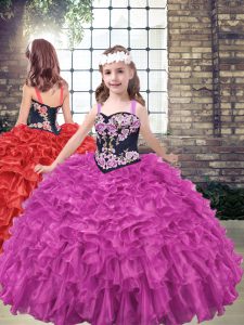 Trendy Fuchsia Ball Gowns Organza Straps Sleeveless Embroidery and Ruffled Layers Floor Length Lace Up Little Girls Pageant Dress Wholesale