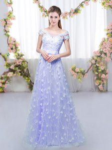 Sweet Lavender Empire Off The Shoulder Cap Sleeves Tulle Floor Length Lace Up Appliques Damas Dress